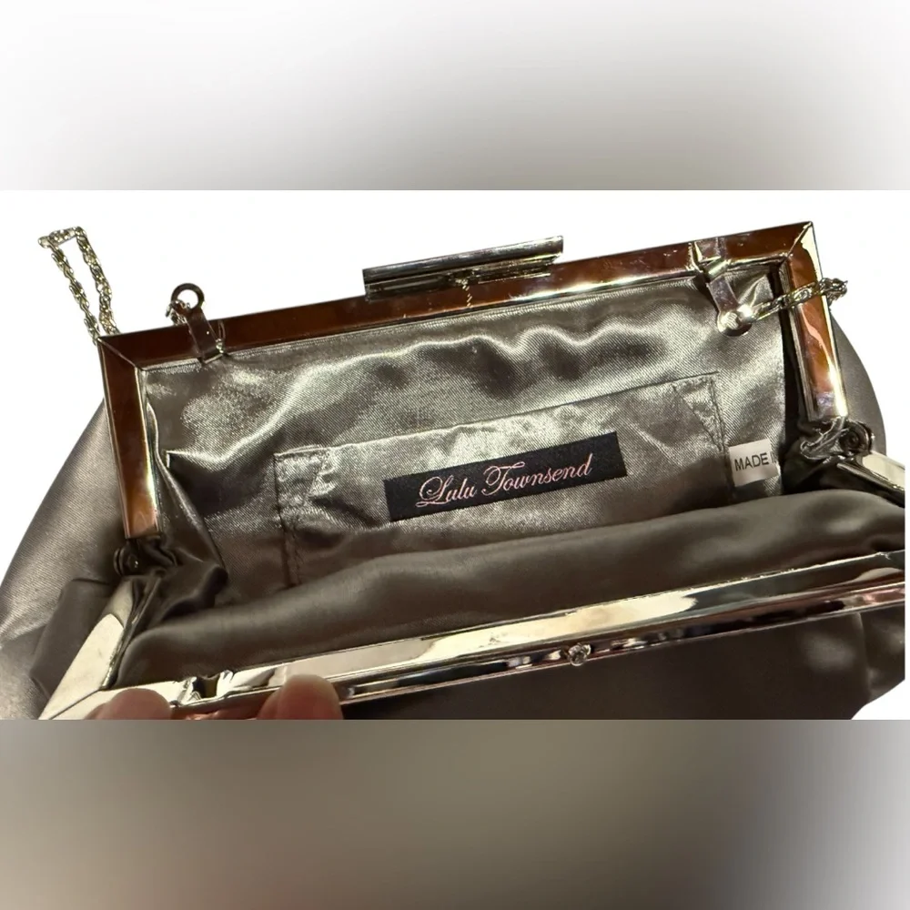 Lulu Townsend Silver Gray Satin Clutch Purse with Chain Strap Ruched Evening Bag